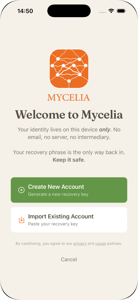 Mycelia welcome screen on iPhone - Create New Account or Import Existing Account