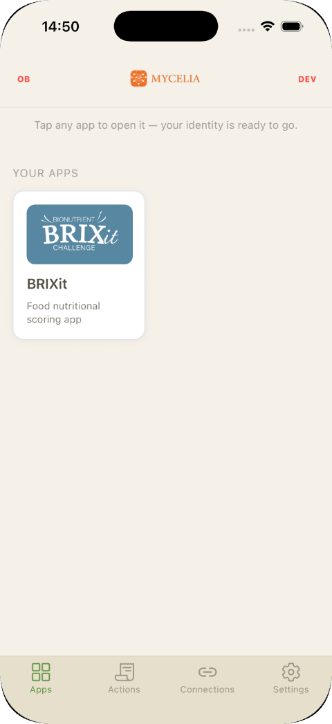 Mycelia dashboard showing connected apps