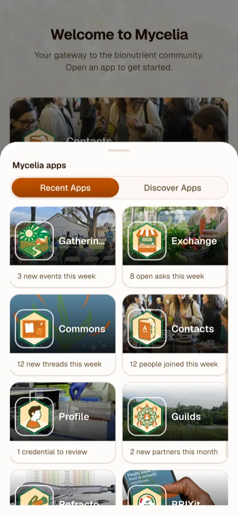Mycelia app launcher — every app in the ecosystem, one identity