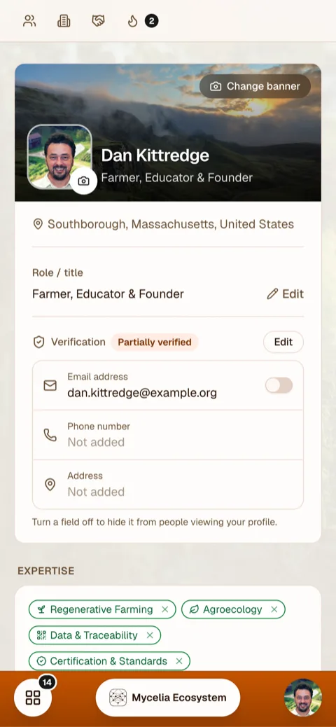 Mycelia profile screen — verify what you choose, hide what you don't