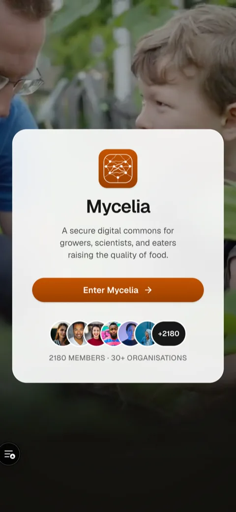 Mycelia welcome screen — 2,180 members across 30+ organisations